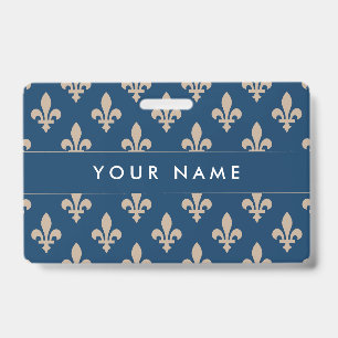 Fleur de Lis Pattern, French, Royal, Cream, Blue ID Badge