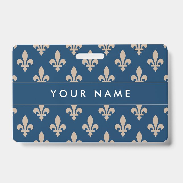 Fleur de Lis Pattern, French, Royal, Cream, Blue ID Badge (Front)