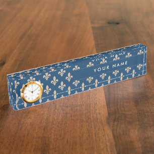 Fleur de Lis Pattern, French, Royal, Cream, Blue Nameplate