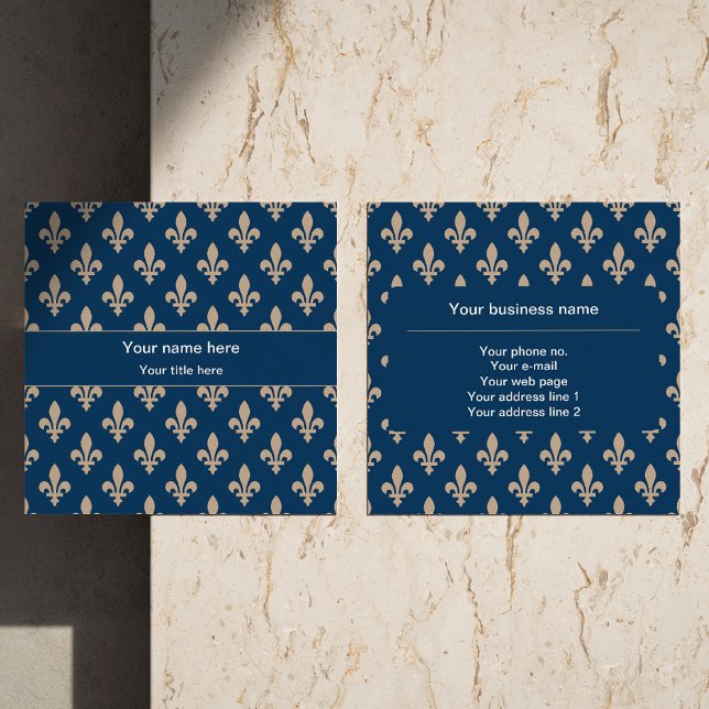 Fleur de Lis Pattern, French, Royal, Cream, Blue Square Business Card (Creator Uploaded)
