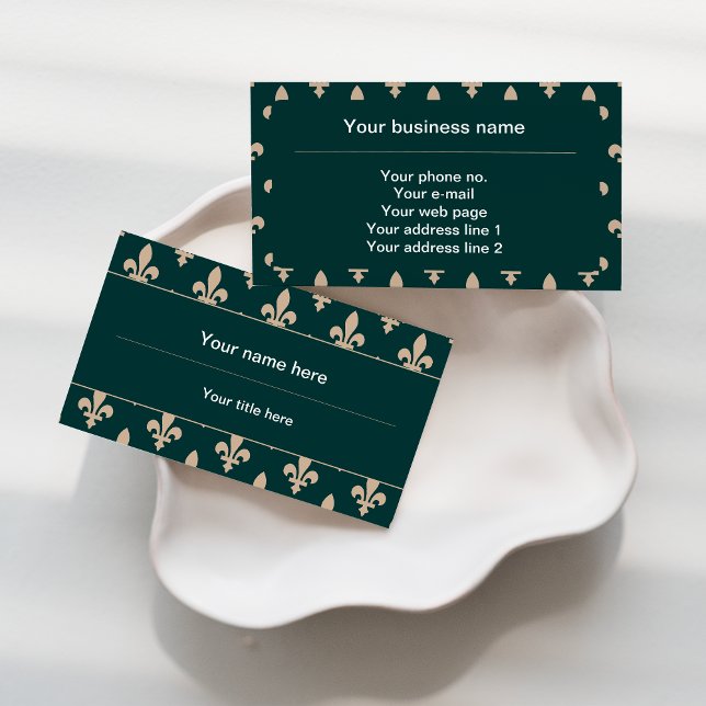 Fleur de Lis Pattern, French, Royal, Cream, Green Business Card (Creator Uploaded)