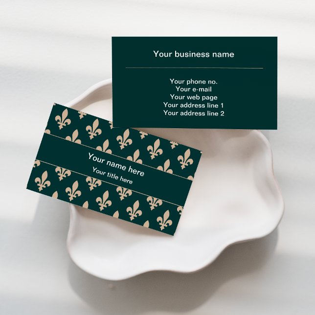 Fleur de Lis Pattern, French, Royal, Cream, Green Business Card (Creator Uploaded)