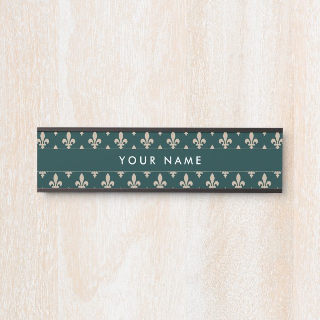 Fleur de Lis Pattern, French, Royal, Cream, Green Door Sign (Front)