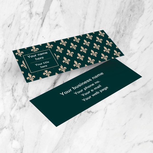 Fleur de Lis Pattern, French, Royal, Cream, Green Mini Business Card (Creator Uploaded)