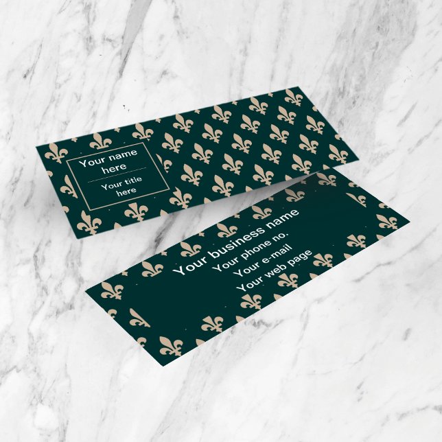 Fleur de Lis Pattern, French, Royal, Cream, Green Mini Business Card (Creator Uploaded)