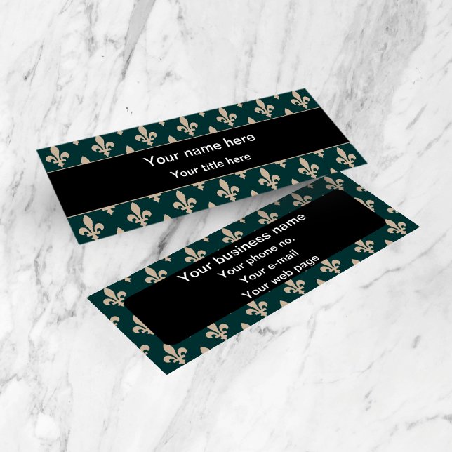 Fleur de Lis Pattern, French, Royal, Cream, Green Mini Business Card (Creator Uploaded)