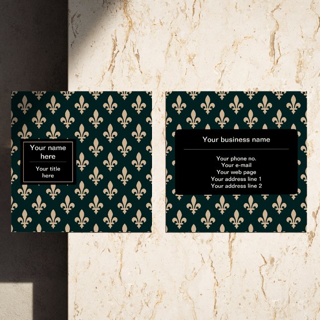 Fleur de Lis Pattern, French, Royal, Cream, Green Square Business Card (Creator Uploaded)