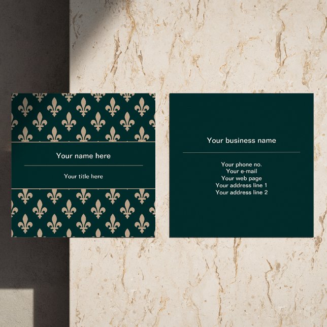 Fleur de Lis Pattern, French, Royal, Cream, Green Square Business Card (Creator Uploaded)