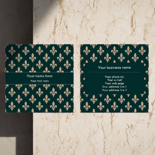 Fleur de Lis Pattern, French, Royal, Cream, Green Square Business Card
