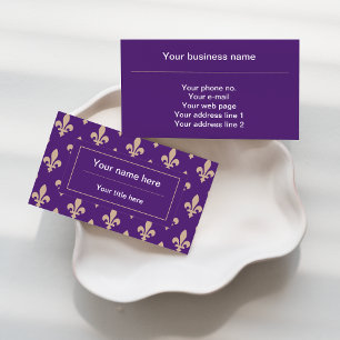 Fleur de Lis Pattern, French, Royal, Cream, Purple Business Card