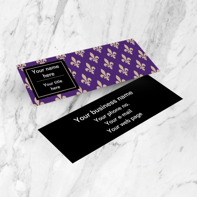 Fleur de Lis Pattern, French, Royal, Cream, Purple Mini Business Card (Creator Uploaded)