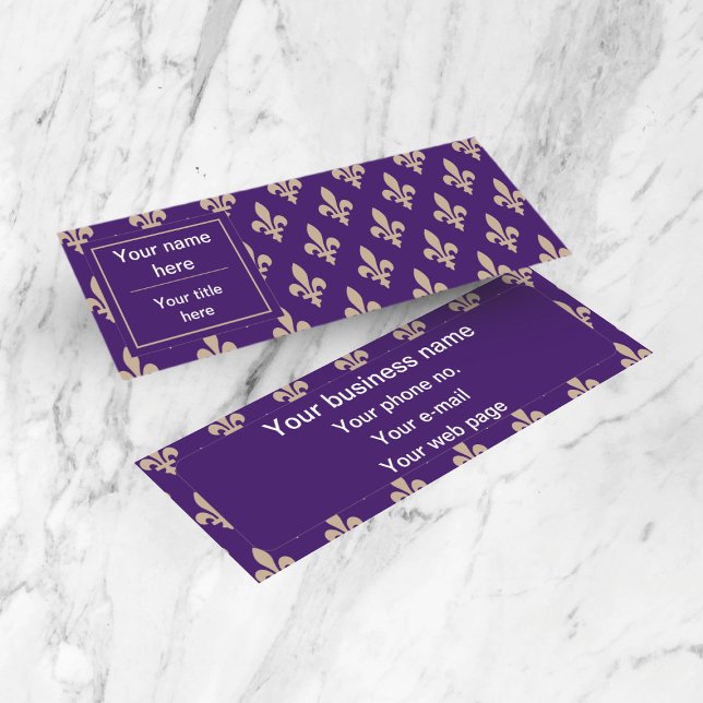 Fleur de Lis Pattern, French, Royal, Cream, Purple Mini Business Card (Creator Uploaded)
