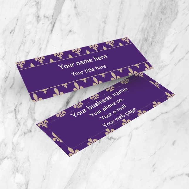 Fleur de Lis Pattern, French, Royal, Cream, Purple Mini Business Card (Creator Uploaded)