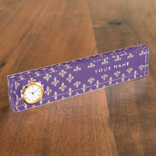 Fleur de Lis Pattern, French, Royal, Cream, Purple Nameplate