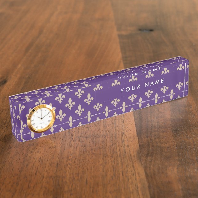 Fleur de Lis Pattern, French, Royal, Cream, Purple Nameplate (Side)