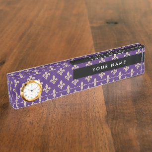 Fleur de Lis Pattern, French, Royal, Cream, Purple Nameplate