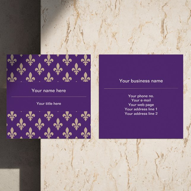 Fleur de Lis Pattern, French, Royal, Cream, Purple Square Business Card (Creator Uploaded)