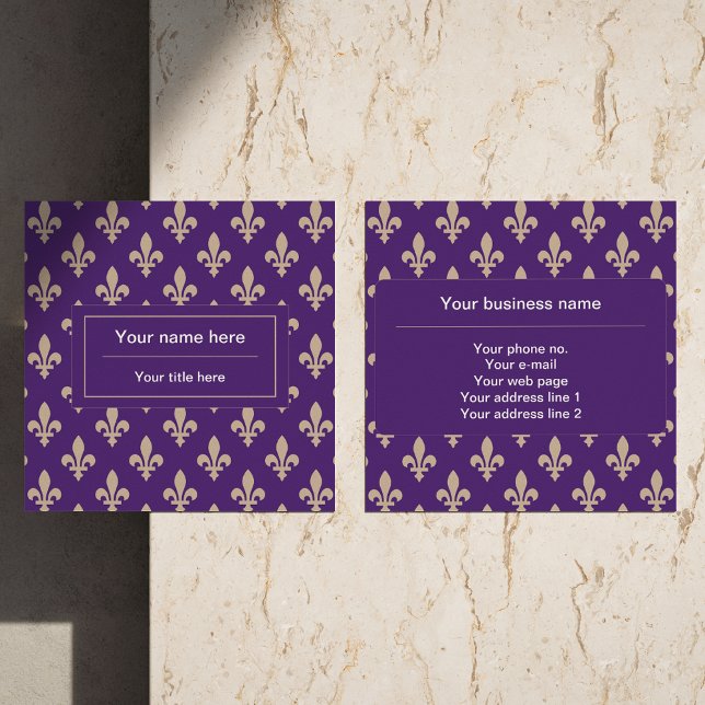 Fleur de Lis Pattern, French, Royal, Cream, Purple Square Business Card (Creator Uploaded)