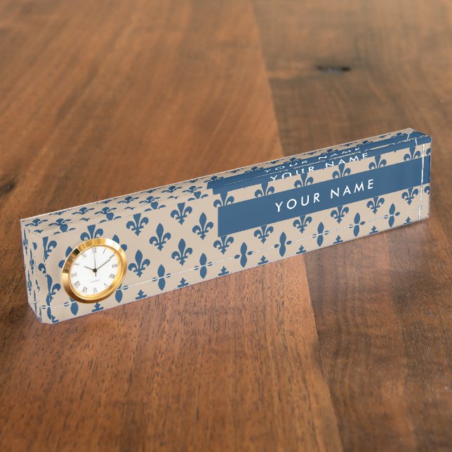 Fleur de Lis Pattern, French, Royal, Navy Blue Nameplate (Side)