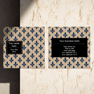 Fleur de Lis Pattern, French, Royal, Navy Blue Square Business Card