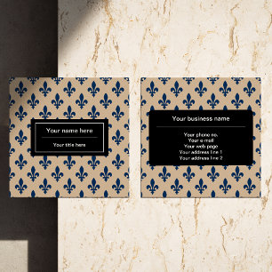 Fleur de Lis Pattern, French, Royal, Navy Blue Square Business Card