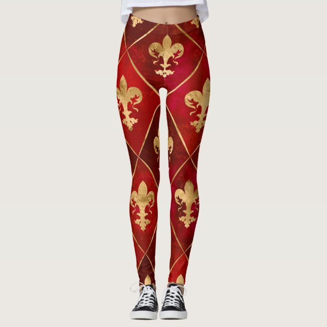 Fleur-de-lis pattern luxury red leggings (Front)
