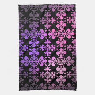 Fleur de lis pattern pink purple black tea towel