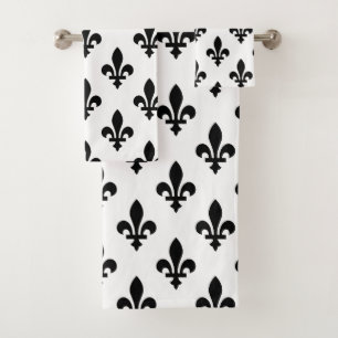 Fleur de Lis Pattern, Royal French, Black on White Bath Towel Set