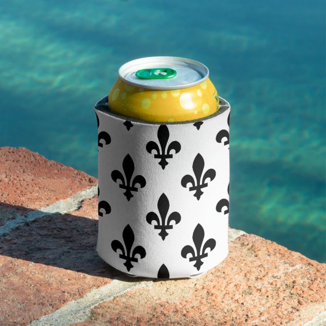 Fleur de Lis Pattern, Royal French, Black on White Can Cooler (In Situ Pool)