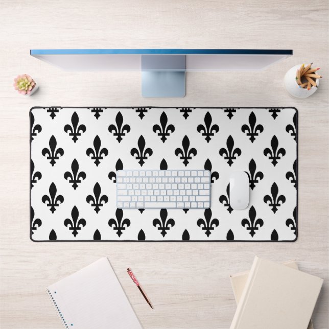 Fleur de Lis Pattern, Royal French, Black on White Desk Mat (Office 1)