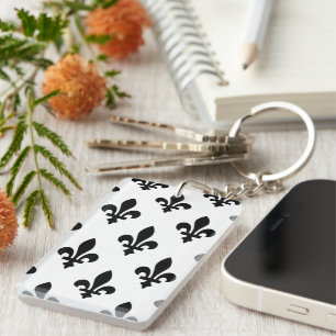 Fleur de Lis Pattern, Royal French, Black on White Key Ring
