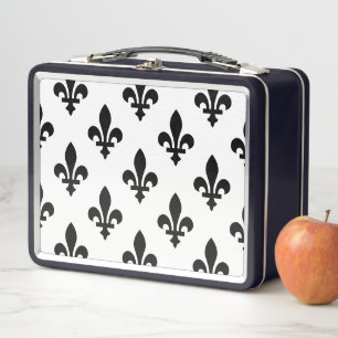Fleur de Lis Pattern, Royal French, Black on White Metal Lunch Box
