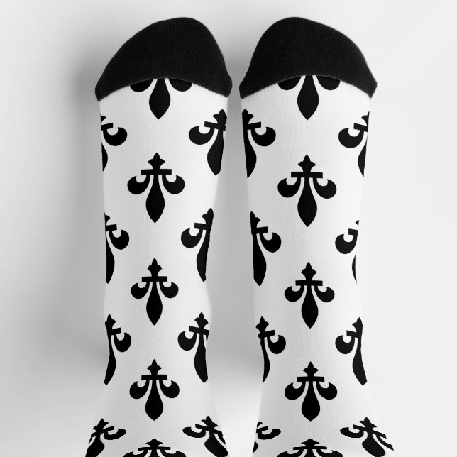 Fleur de Lis Pattern, Royal French, Black on White Socks (Top)