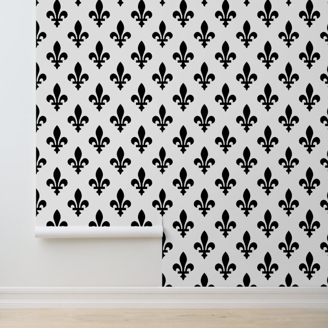 Fleur de Lis Pattern, Royal French, Black on White Wallpaper (Application)