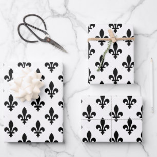 Fleur de Lis Pattern, Royal French, Black on White Wrapping Paper Sheet