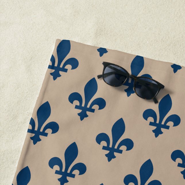 Fleur de Lis Pattern, Royal French Blue on Cream Beach Towel (In Situ)