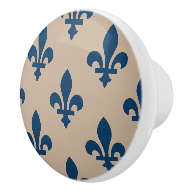 Fleur de Lis Pattern, Royal French Blue on Cream Ceramic Knob (Right)