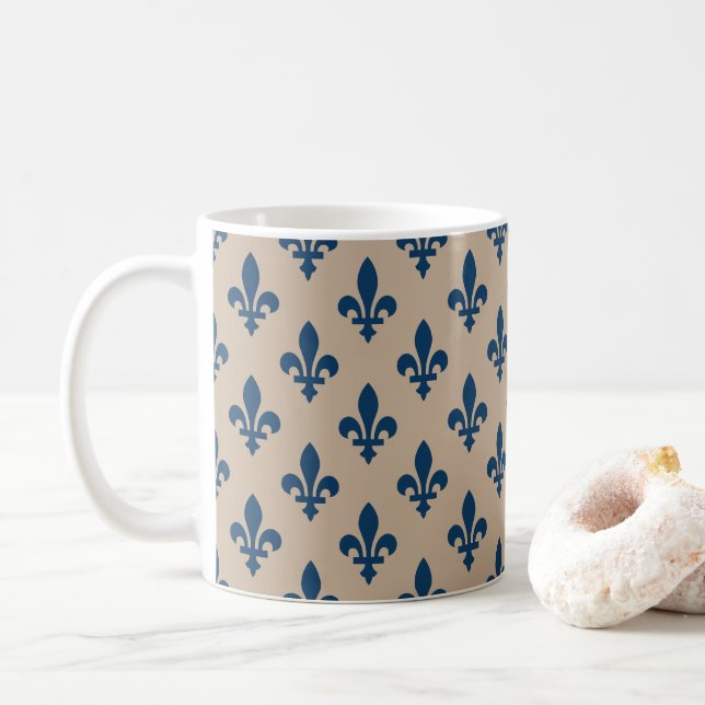 Fleur de Lis Pattern, Royal French Blue on Cream Coffee Mug (With Donut)