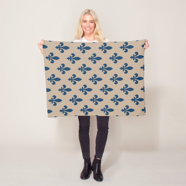 Fleur de Lis Pattern, Royal French Blue on Cream Fleece Blanket (In Situ)