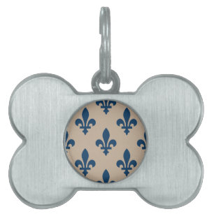 Fleur de Lis Pattern, Royal French Blue on Cream Pet ID Tag