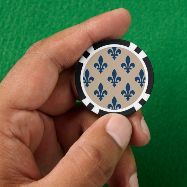 Fleur de Lis Pattern, Royal French Blue on Cream Poker Chips (Hand)