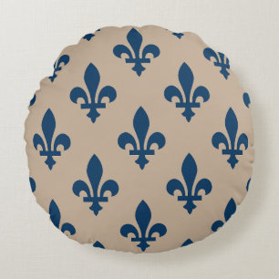 Fleur de Lis Pattern, Royal French Blue on Cream Round Cushion
