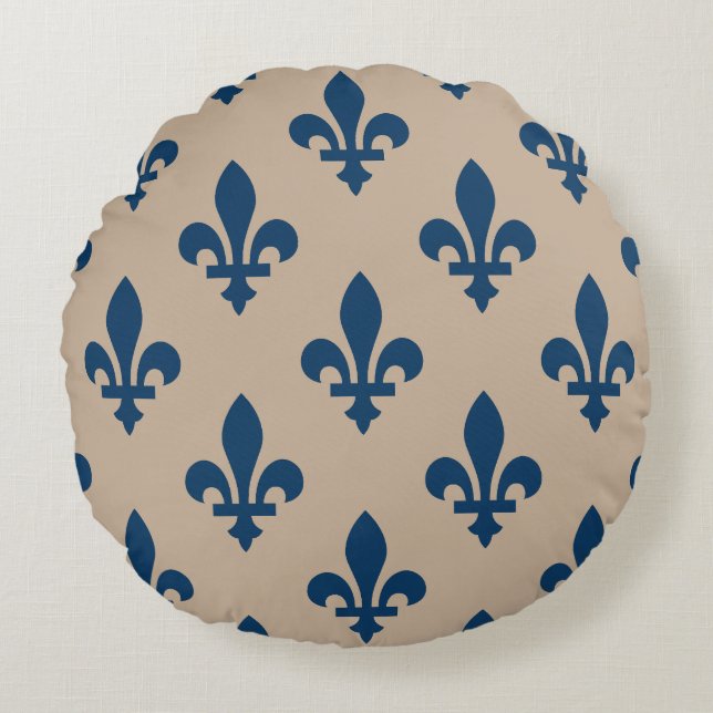 Fleur de Lis Pattern, Royal French Blue on Cream Round Cushion (Front)
