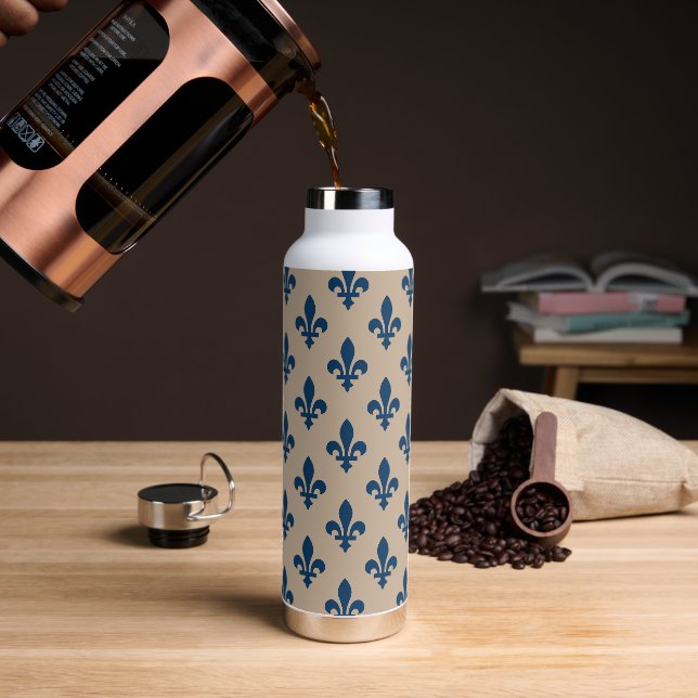 Fleur de Lis Pattern, Royal French Blue on Cream Water Bottle (Coffee)