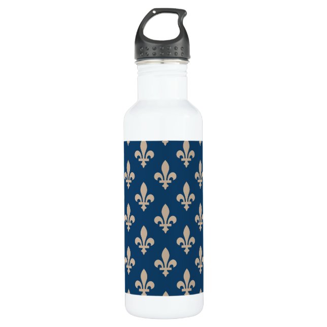 Fleur de Lis Pattern, Royal French, Cream on Blue 710 Ml Water Bottle (Front)