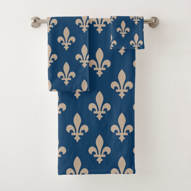 Fleur de Lis Pattern, Royal French, Cream on Blue Bath Towel Set (Insitu)