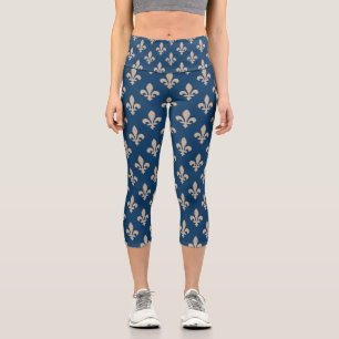 Fleur de Lis Pattern, Royal French, Cream on Blue Capri Leggings