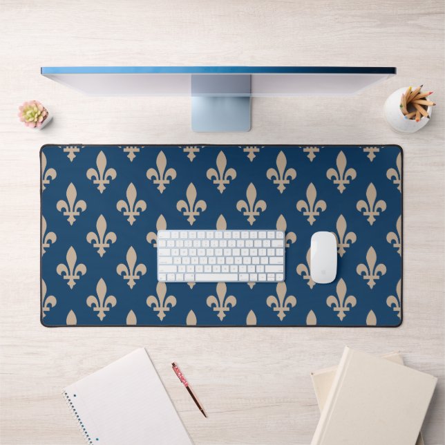 Fleur de Lis Pattern, Royal French, Cream on Blue Desk Mat (Office 1)