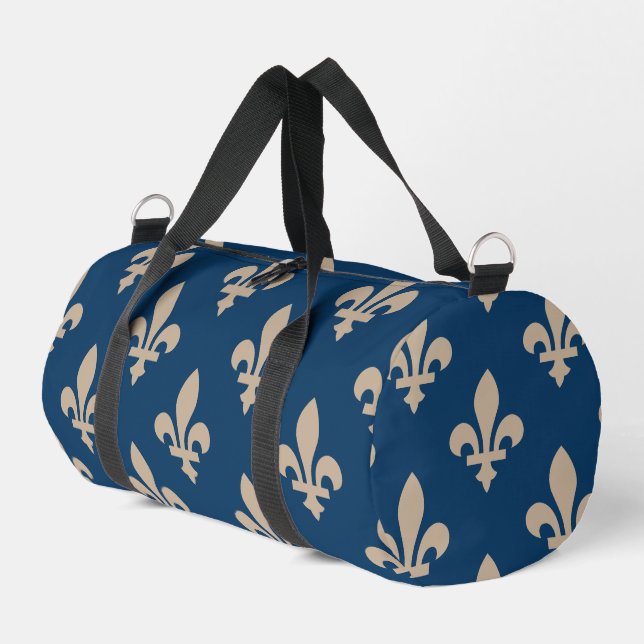 Fleur de Lis Pattern, Royal French, Cream on Blue Duffle Bag (Left Corner)