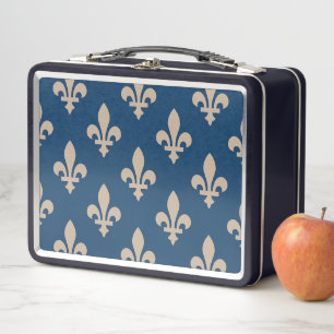 Fleur de Lis Pattern, Royal French, Cream on Blue Metal Lunch Box